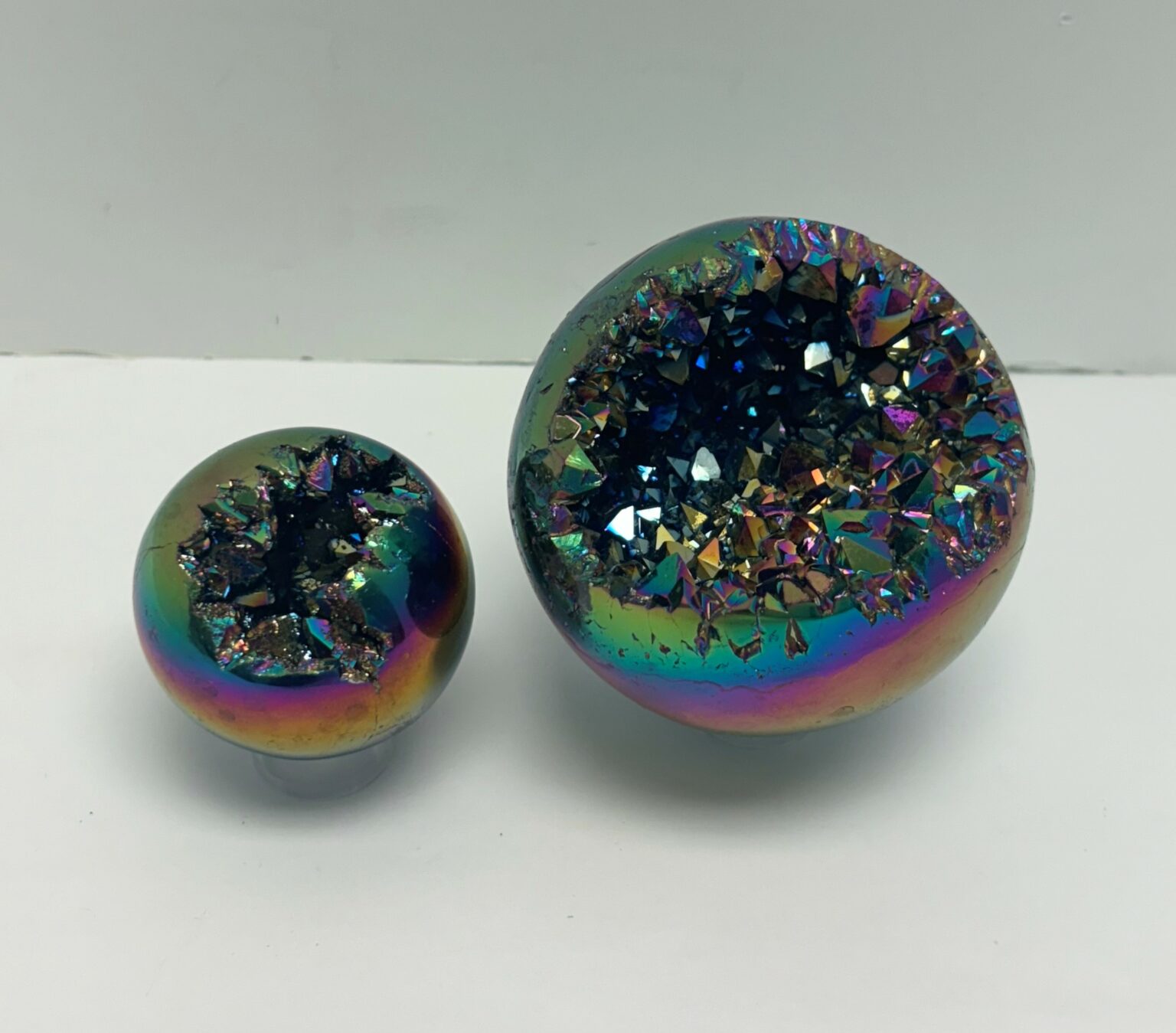 Rainbow Aura Amethyst Geode Spheres